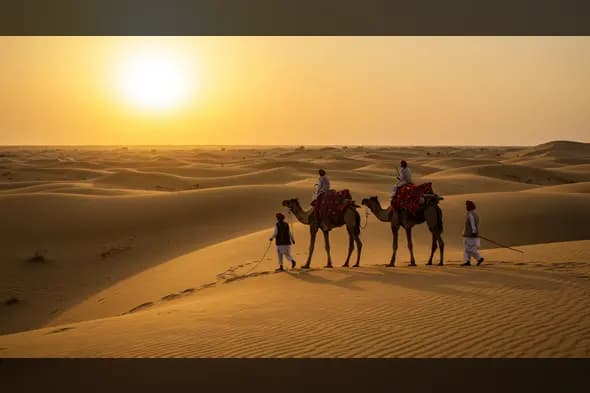 Men and Camels in the Thar Desert Under a Golden Sunset