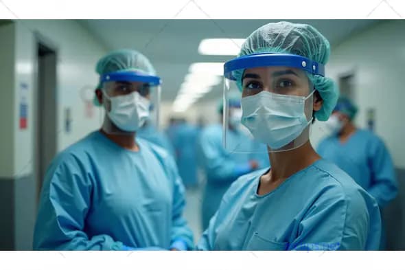 Healthcare Workers in PPE at Hospital Corridor
