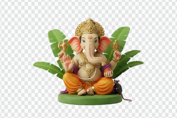 Colorful Lord Ganesha Statue with Banana Leaves PNG