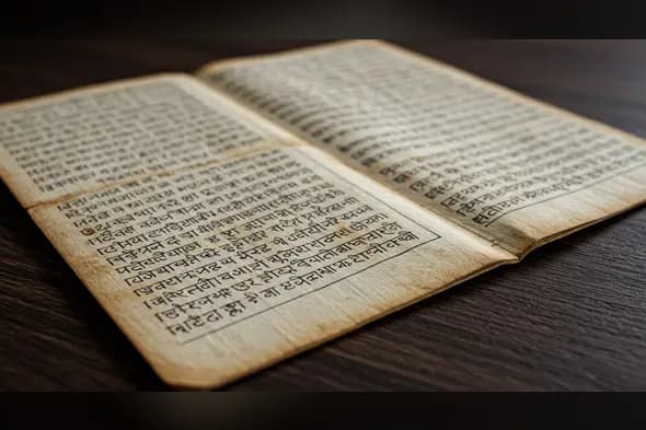 Ancient Sanskrit Manuscript on Wooden Table | Sacred Hindu Text