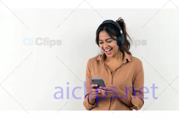 Excited Woman Listening to Music on Smartphone