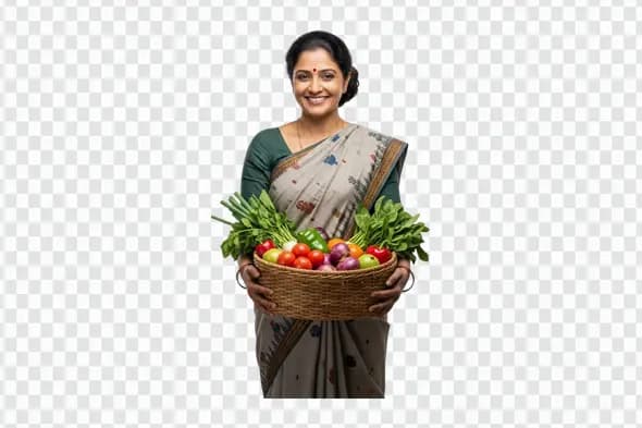 Indian Woman Holding Fresh Vegetables Basket PNG Clipart