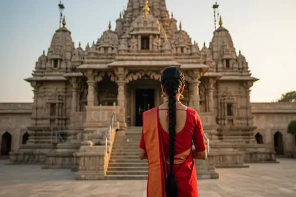 Indian Woman in Saree Standing Before a Temple