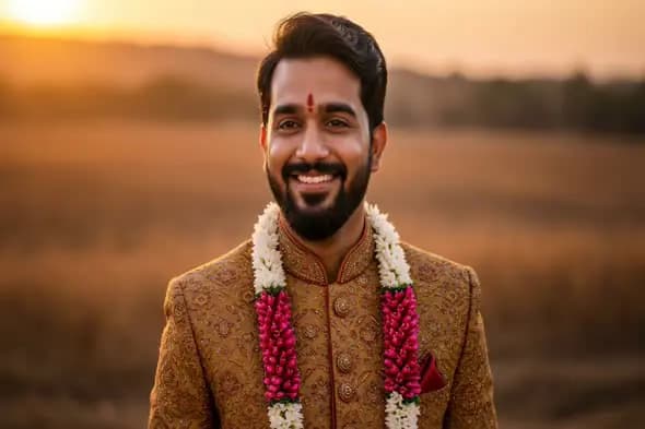 Traditional Indian Groom Video in Golden Sherwani with Floral Garland