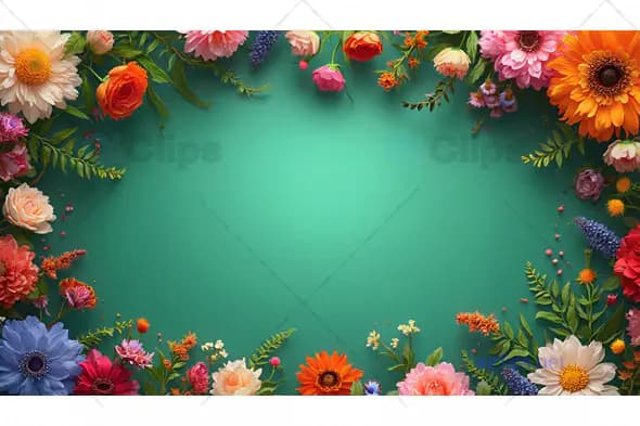 Colorful Floral Border with Green Background