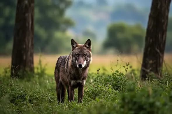 Wild wolf standing alert in forest clearing