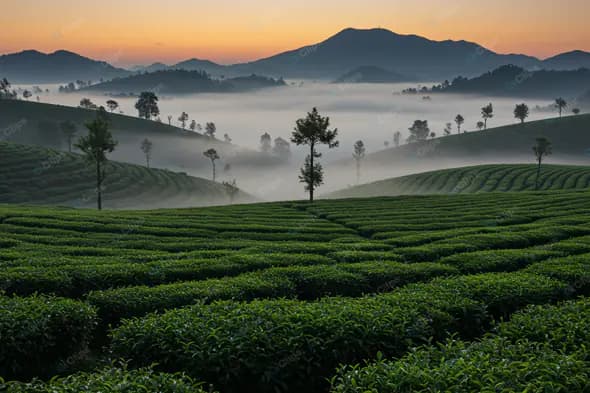 Misty Dawn Over Tea Plantation