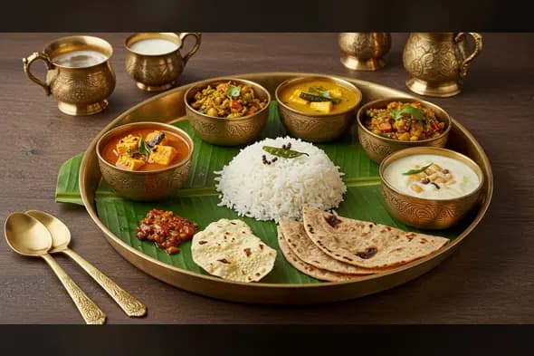 Authentic Indian Vegetarian Thali with Curd & Curry | Banana Leaf Brass Platter | AIClips