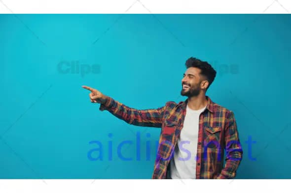 Smiling Man Pointing to Side on Blue Background