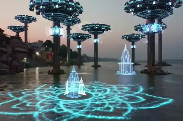 Futuristic Holographic Temples on River with Energy Towers