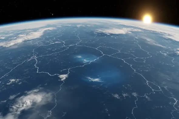 Sunrise Over Earth with Glowing Tech Grid View from Space