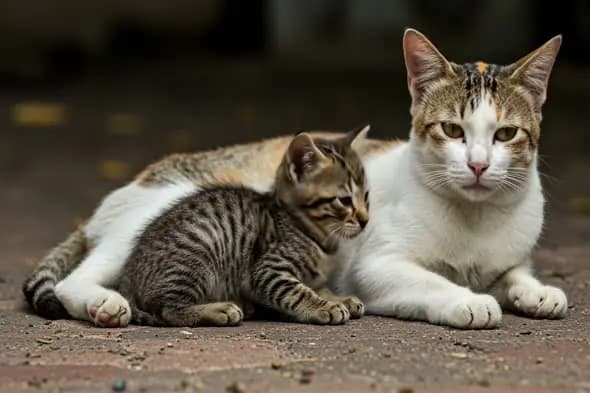 Feline Duo: Mother and Kitten Bonding