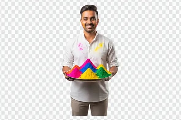 Joyful Indian Man with Colorful Holi Gulal Tray PNG