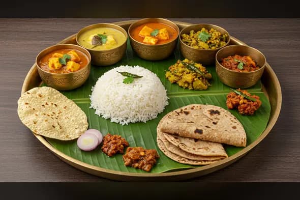 Traditional Indian Thali on Banana Leaf | South Indian Brass Plate Meal | AIClips