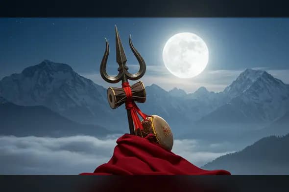 Trishul and Damru Against Full Moon over Himalayas | AIClips Shiv Symbolism Art