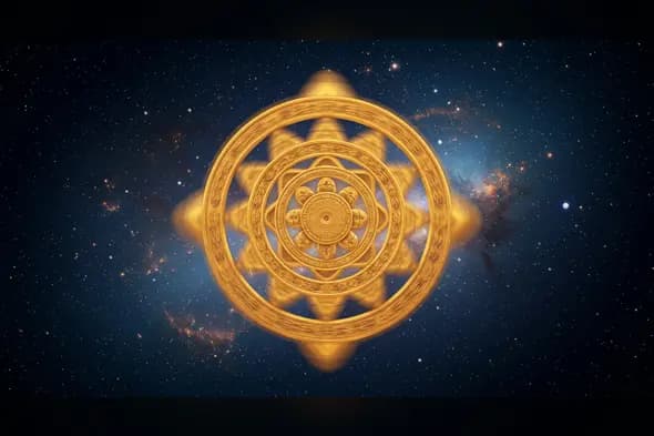 Spinning Golden Chakra in Space | Cosmic Hindu Symbol | AIClips Devotional Background