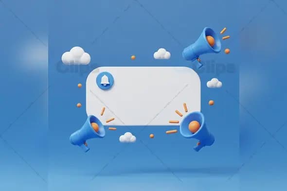 3D Announcement Banner with Megaphones and Clouds