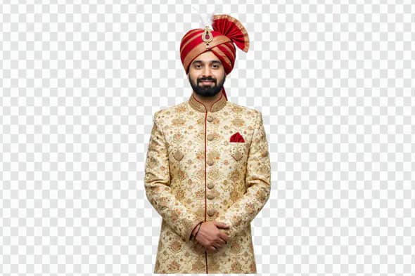 Regal Indian Groom in Golden Sherwani PNG Clipart