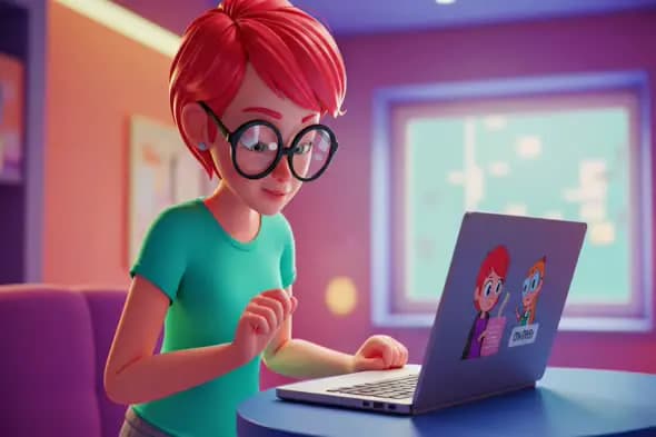 Animated Redhead Using Laptop