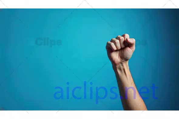 Raised Fist Gesture on Blue Background