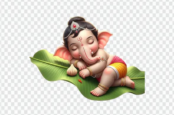Sleeping Baby Ganesha on Banana Leaf PNG Clipart