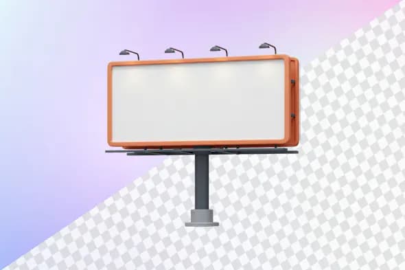 Illuminated orange framed billboard with metal pole stand