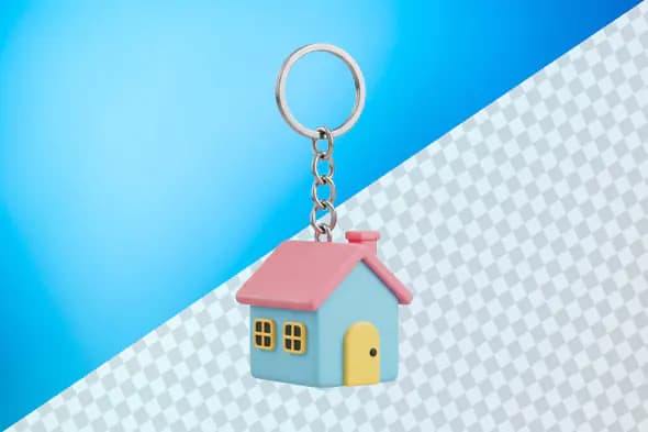 Colorful house keychain with pastel blue and pink
