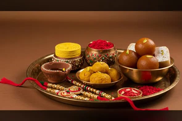Traditional Raksha Bandhan Thali with Rakhis, Sweets & Diya | AIClips Premium Festival Photo