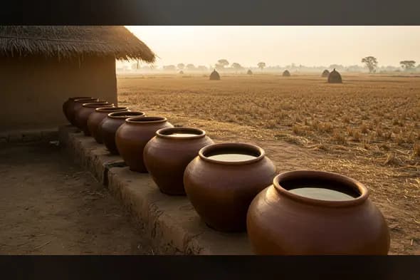Clay Water Pots with Village Mud Hut and Harvested Field | Indian Rural Still Life by AIClips