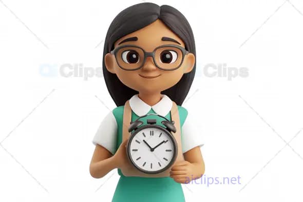 3D Schoolgirl Avatar Holding a Clock