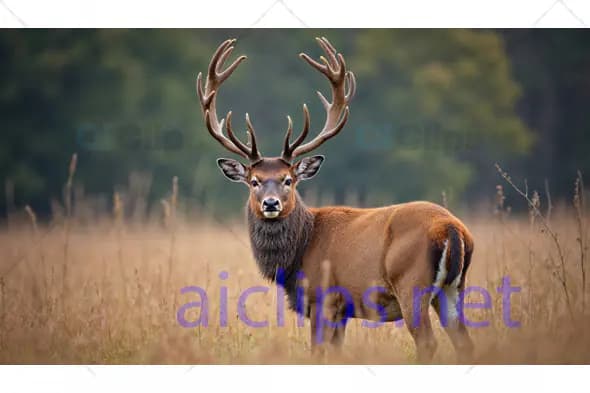 Red Deer Stag with Majestic Antlers in Meadow