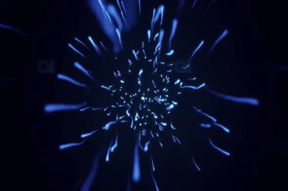 Blue Energy Particles Zooming Inward on Dark Background