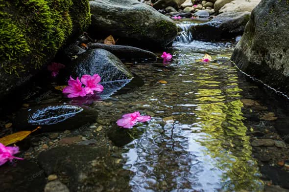 Tranquil Stream with Pink Blossoms