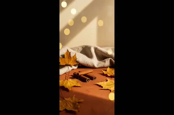 Warm Autumn Cinnamon and Leaves Vertical Background with Bokeh Light