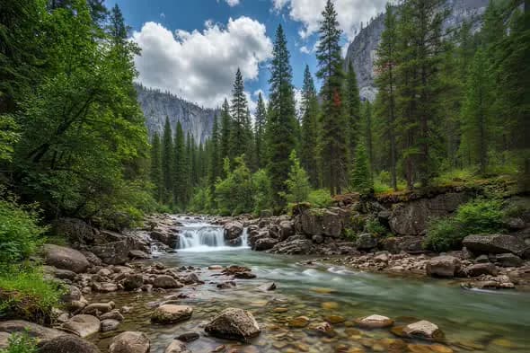 Pristine Mountain Stream Flows Through Evergreen Forest Landscape