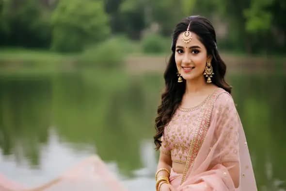 Elegant Indian Woman in Pastel Lehenga by the Lake