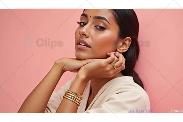 Fashion Portrait of a Woman Wearing Gold Bangles and Rings on a Soft Pink Background