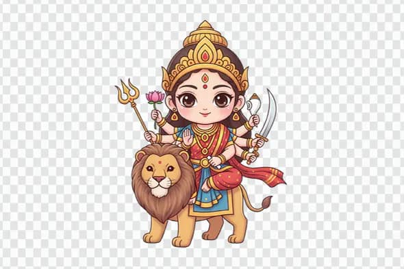 Adorable Cartoon Durga Riding Lion Hindu Deity