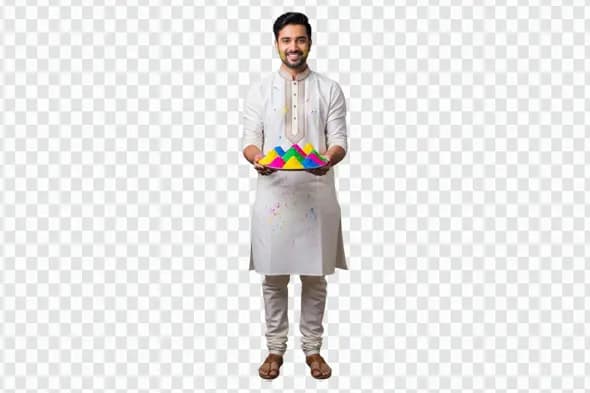 Young Indian Man with Holi Festival Gulal Plate PNG