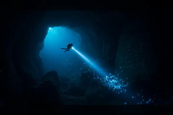 Mysterious Diver Exploring Ancient Symbols in Submerged Cave