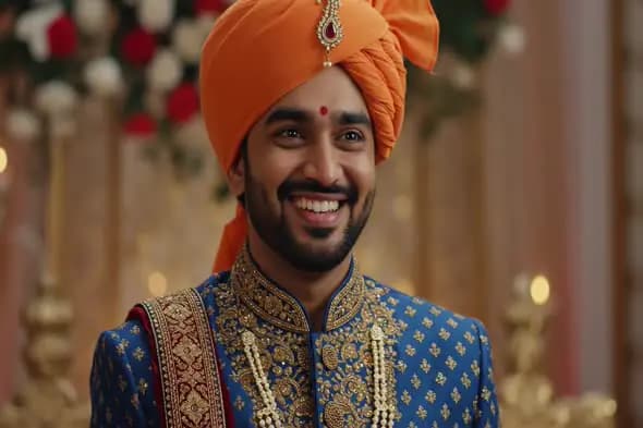 Smiling Indian Groom in Traditional Sherwani and Orange Turban