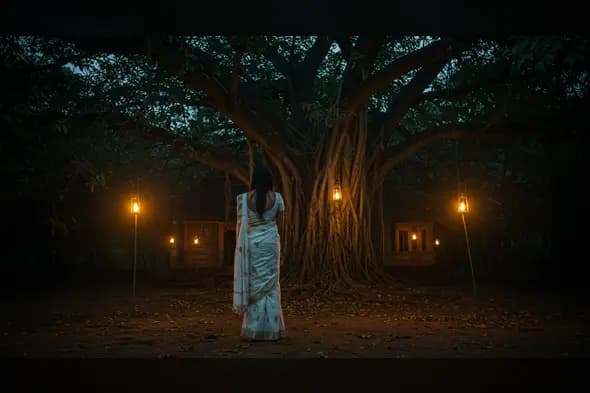 Indian Woman in White Saree Near Banyan Tree – Mystical Evening Village Scene