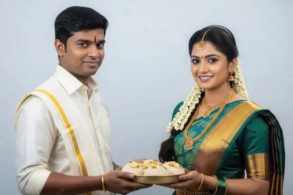 Traditional South Indian Couple Offering Prasad