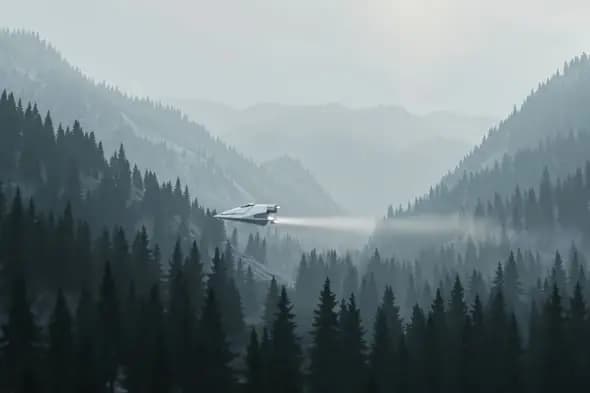 Futuristic Aircraft Over Misty Forest