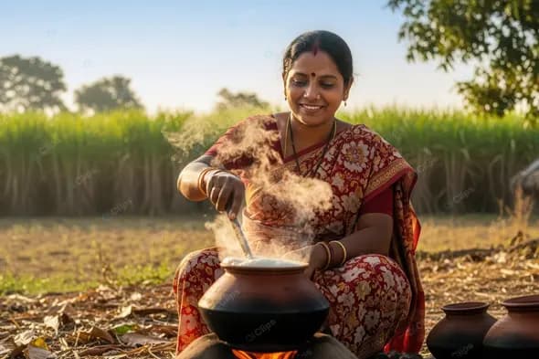 Serene Indian Village Woman Cooking at Dawn