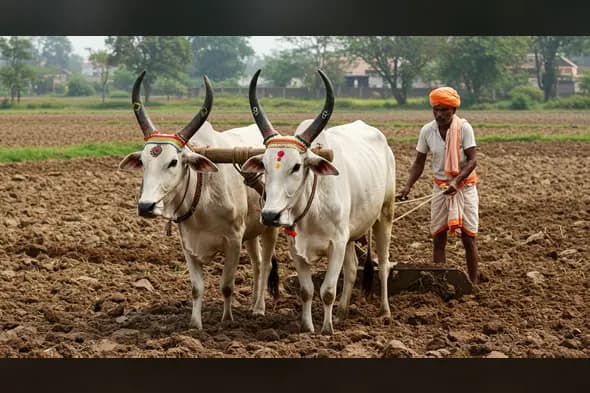 Decorated Oxen with Indian Farmer Ploughing Field | Village Culture | AIClips Rural Background