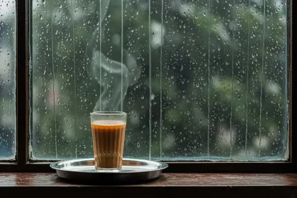 Cup of tea on a rainy window sill with steam rising