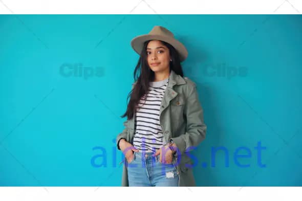 Stylish Woman in Hat with Blue Background