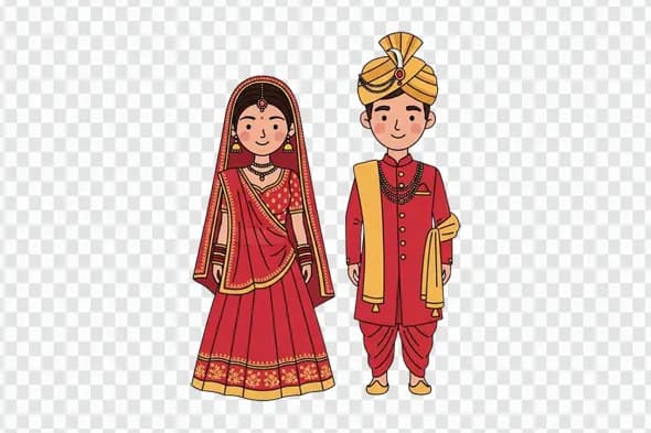 Smiling Indian Couple in Red Wedding Garments Clipart