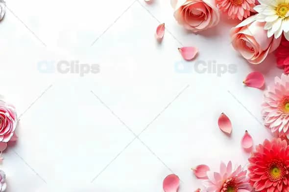 Floral Border with Pink Roses and Daisies on White Background